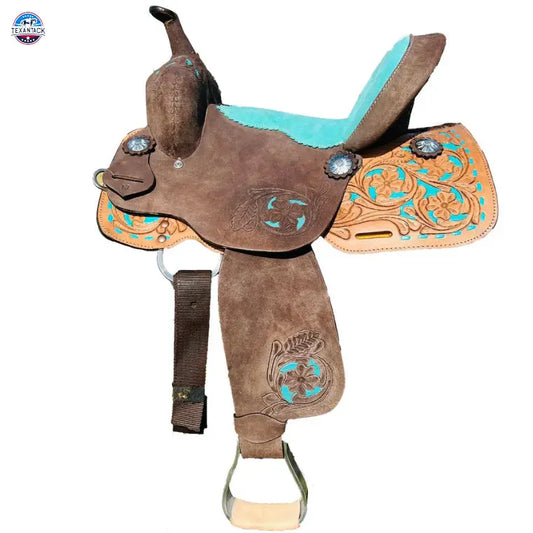 Resistance Youth/Pony Turquoise Suede And Floral Tool Barrel Saddle - 10 12 13 Inch TEXANTACK
