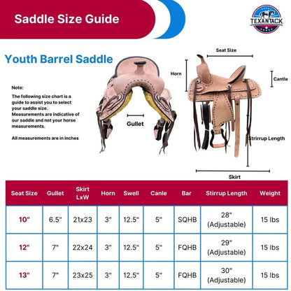 Youth Barrel Style Roughout Hard Seat Western Saddle Double Skirt TEXANTACK