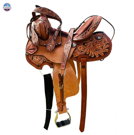 Resistance Youth Western Barrel Saddle with Floral Tooling and Silver Conchos | Genuine Leather | Free Tack Set | Sizes 10", 12", 13 TEXANTACK