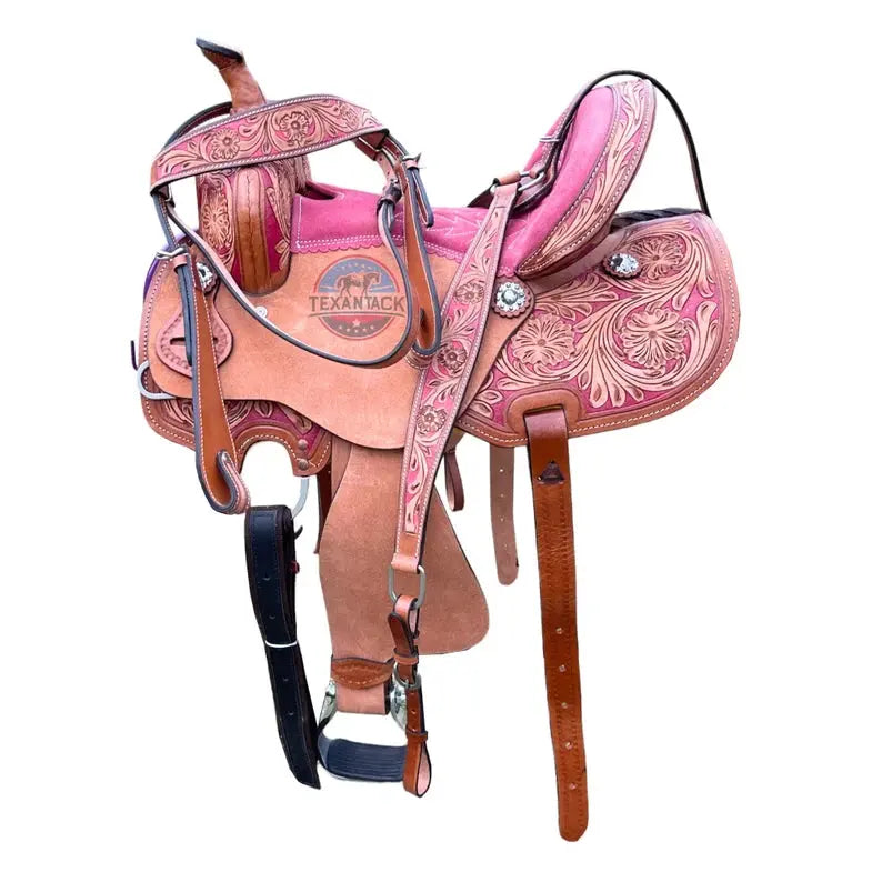 Premium Youth and Adult Western Horse Leather Barrel Saddle - Sizes 10" to 16" with Floral Tooling and Free Matching Tack Set TEXANTACK
