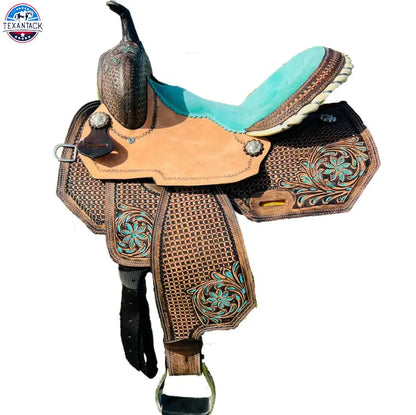 Resistance Premium Leather Adult Western Barrel Saddle with Intricate Tooling TEXANTACK