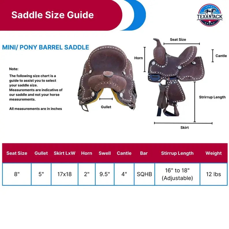 Mini/Pony Rough Out Barrel Style Deep Seat Saddle with Buck Stitch TEXANTACK