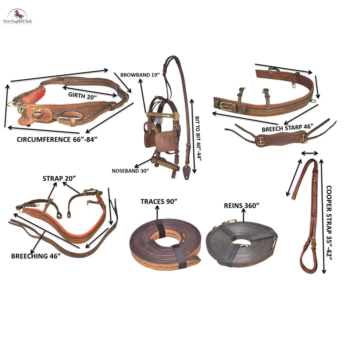 Premium Horse Harness - Full Size, Hand-Carved Leather, Stainless Steel Fittings NewEnglandTack