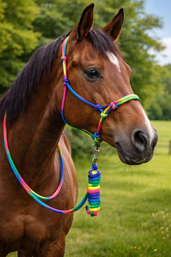 Resistance Multi Color Rope Halter with 9ft Lead Rope Full Size Rainbow Knotted Horse Halter TEXANTACK