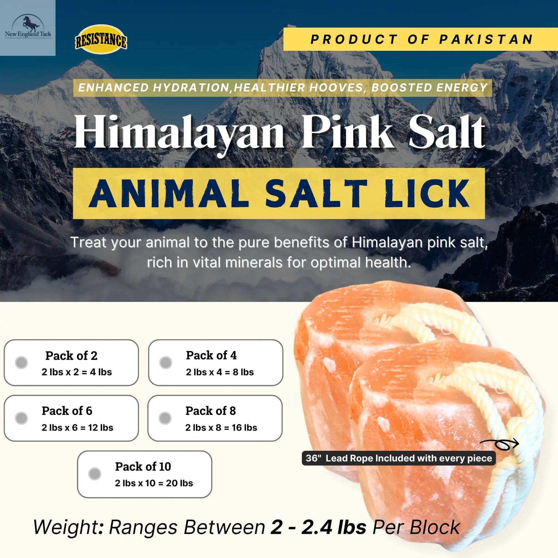 RESISTANCE Pink Himalayan Salt Lick Block with Rope for Horses, Cattle, Deer, Goats, and Livestock - 2 Lbs (Each Block Weight) NewEngland Tack