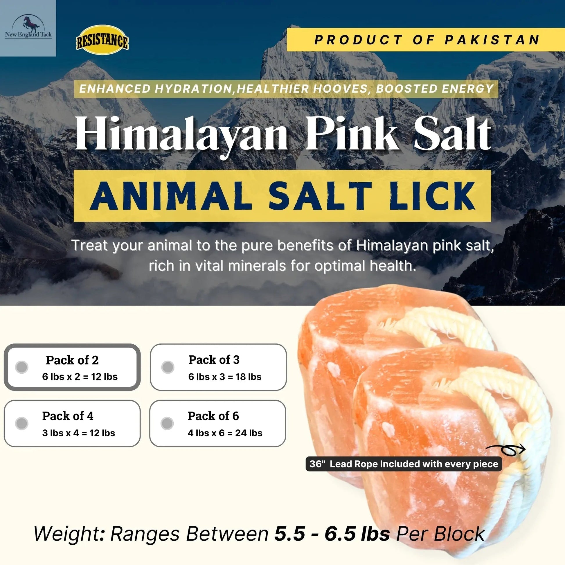RESISTANCE Pink Himalayan Salt Lick Block with Rope for Horses, Cattle, Deer, Goats, and Livestock – (Each Block Weight 6 lbs) NewEngland Tack