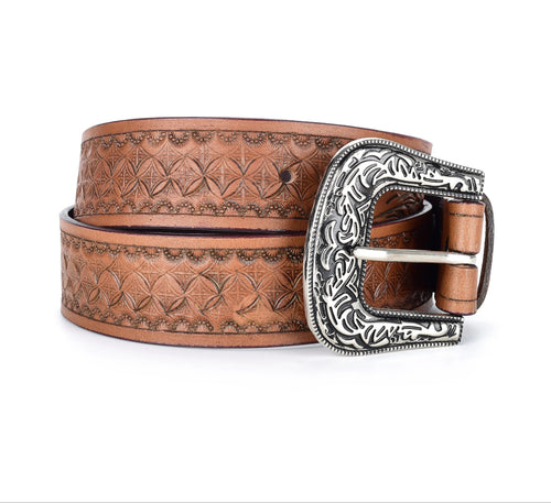 Resistance Floral Tea Brown Women's Cowgirl Cowboy Country Belt  With Floral Embossed Silver Buckle
