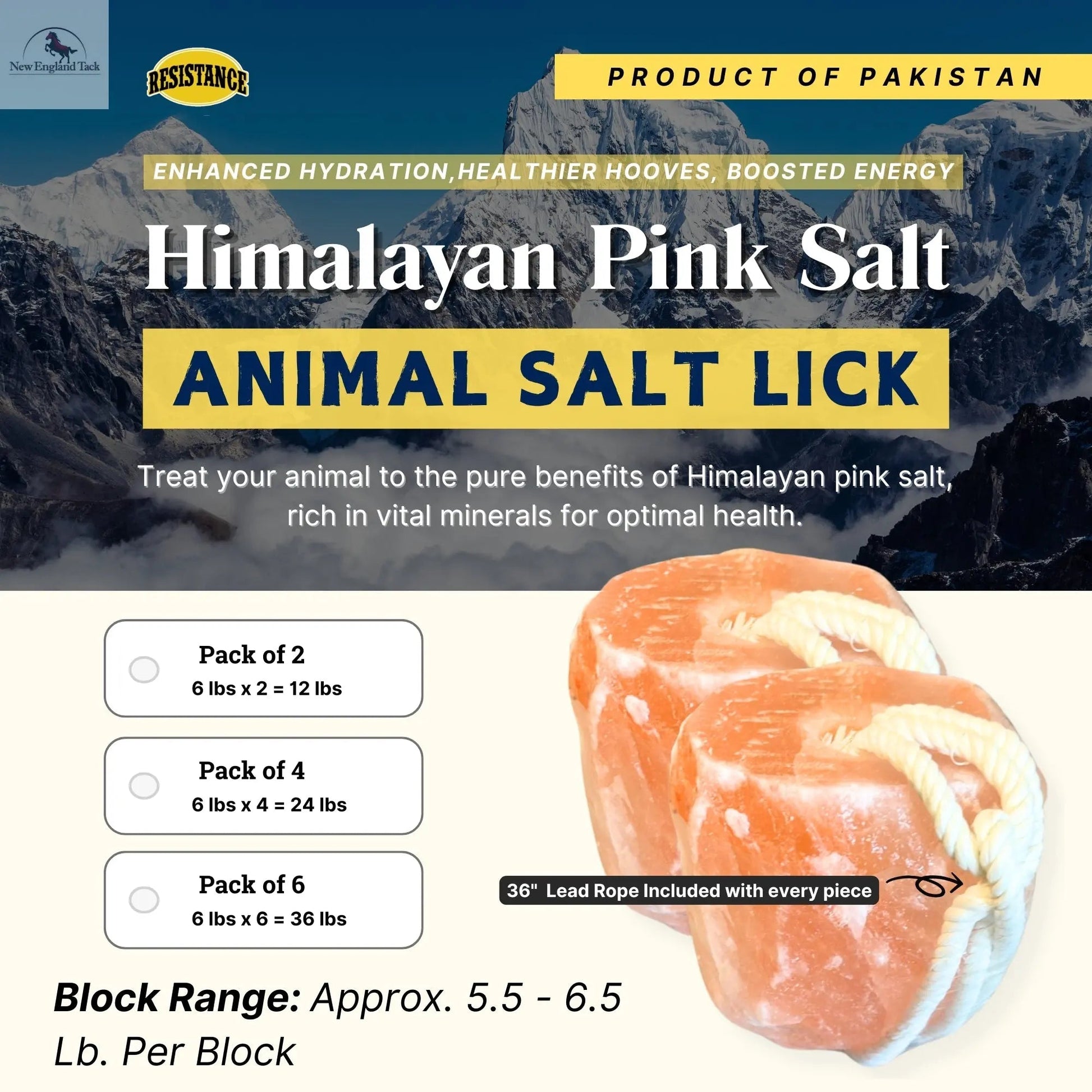 Resistance Pink Himalayan Salt Lick Block with Rope for Horses, Cattle, Deer, Goats, and Livestock – (Each Block Weight 6 lbs) NewEngland Tack