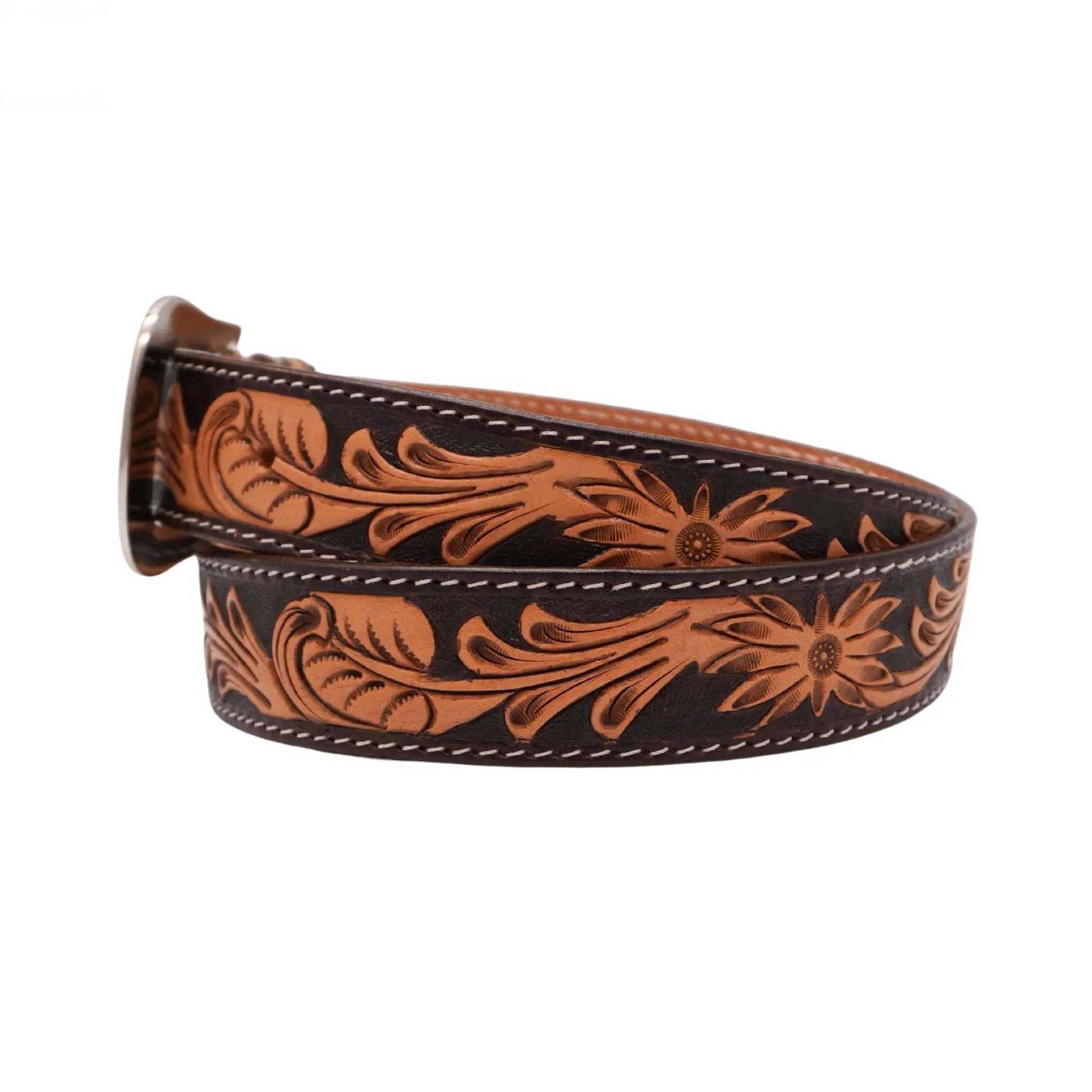 Resistance Western Cowgirl Cowboy Floral Tooled  Argentinian Leather Belt With Black Silver Buckle NewEngland Tack