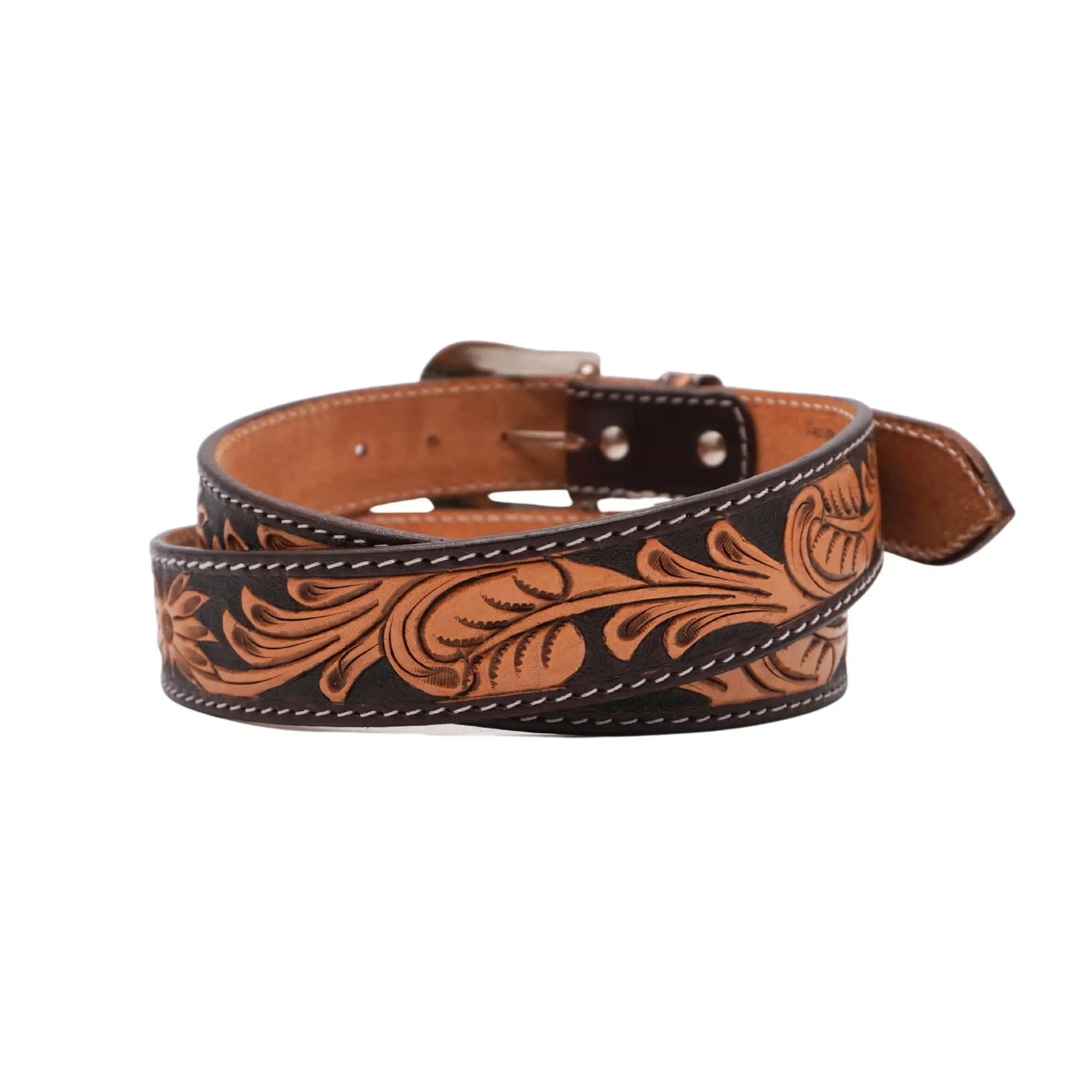 Resistance Western Cowgirl Cowboy Floral Tooled  Argentinian Leather Belt With Black Silver Buckle NewEngland Tack