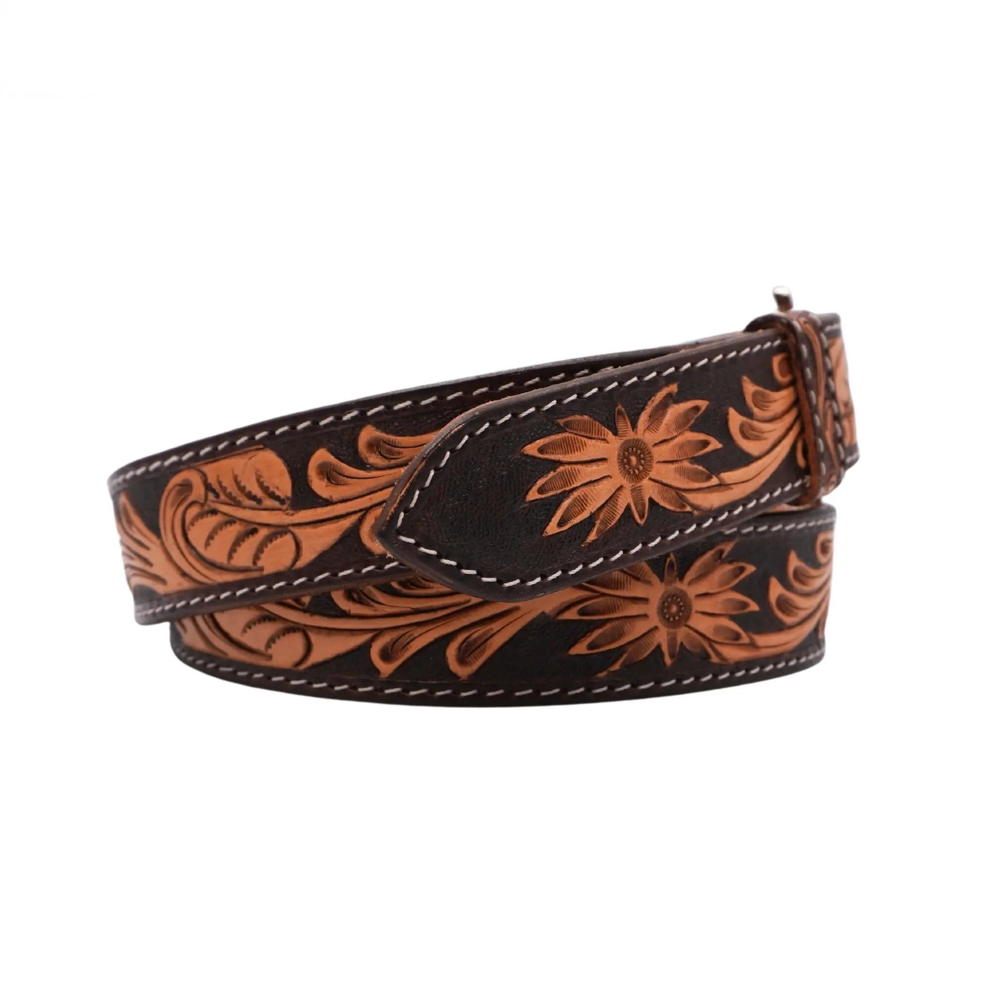 Resistance Western Cowgirl Cowboy Floral Tooled  Argentinian Leather Belt With Black Silver Buckle NewEngland Tack