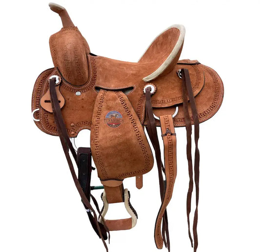 Western Youth Child Genuine Leather Saddle with Hard Seat and Roughout Leather Ranch Saddle with Serpentine Tooling TEXANTACK