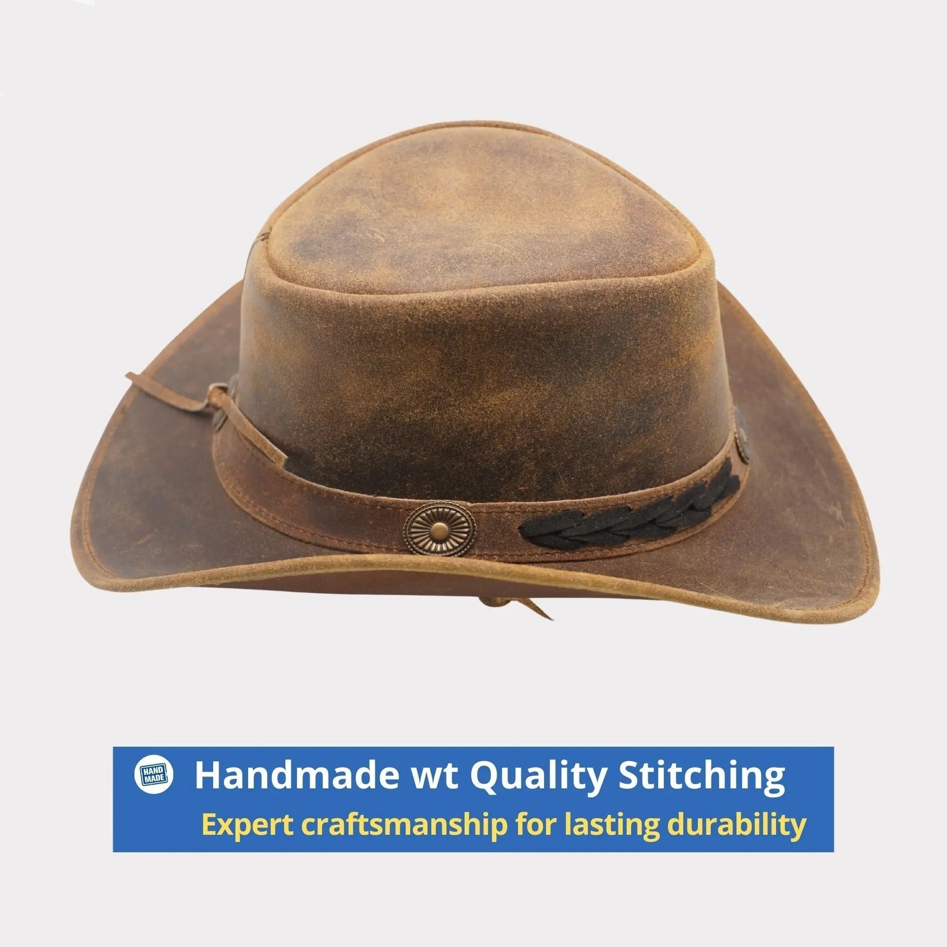 Western Cowboy Hat Grain Cow Leather with Buffalo Conchos Hat Band NewEnglandTack