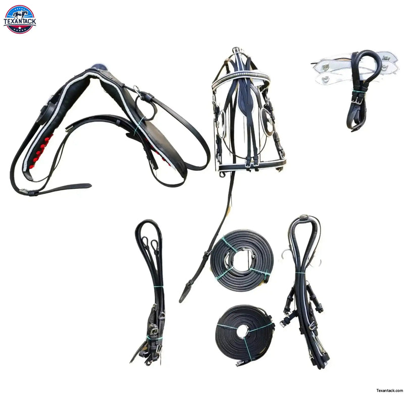 Black Horse Patent Leather Driving Harness White Trim Set Available In Available In Miniature Small Pony Cob And Full Horse TEXANTACK
