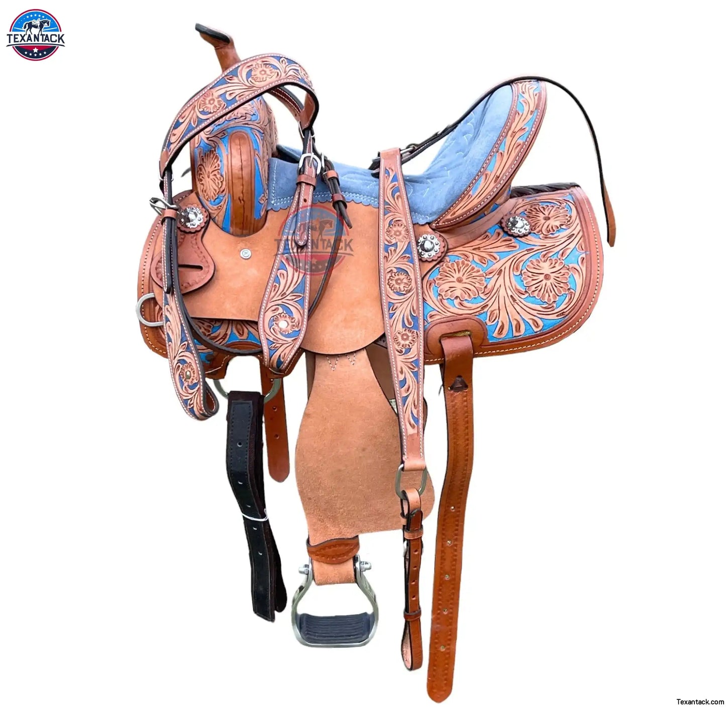 Floral Tooled Leather Western Saddle with Matching Tack Set TEXANTACK