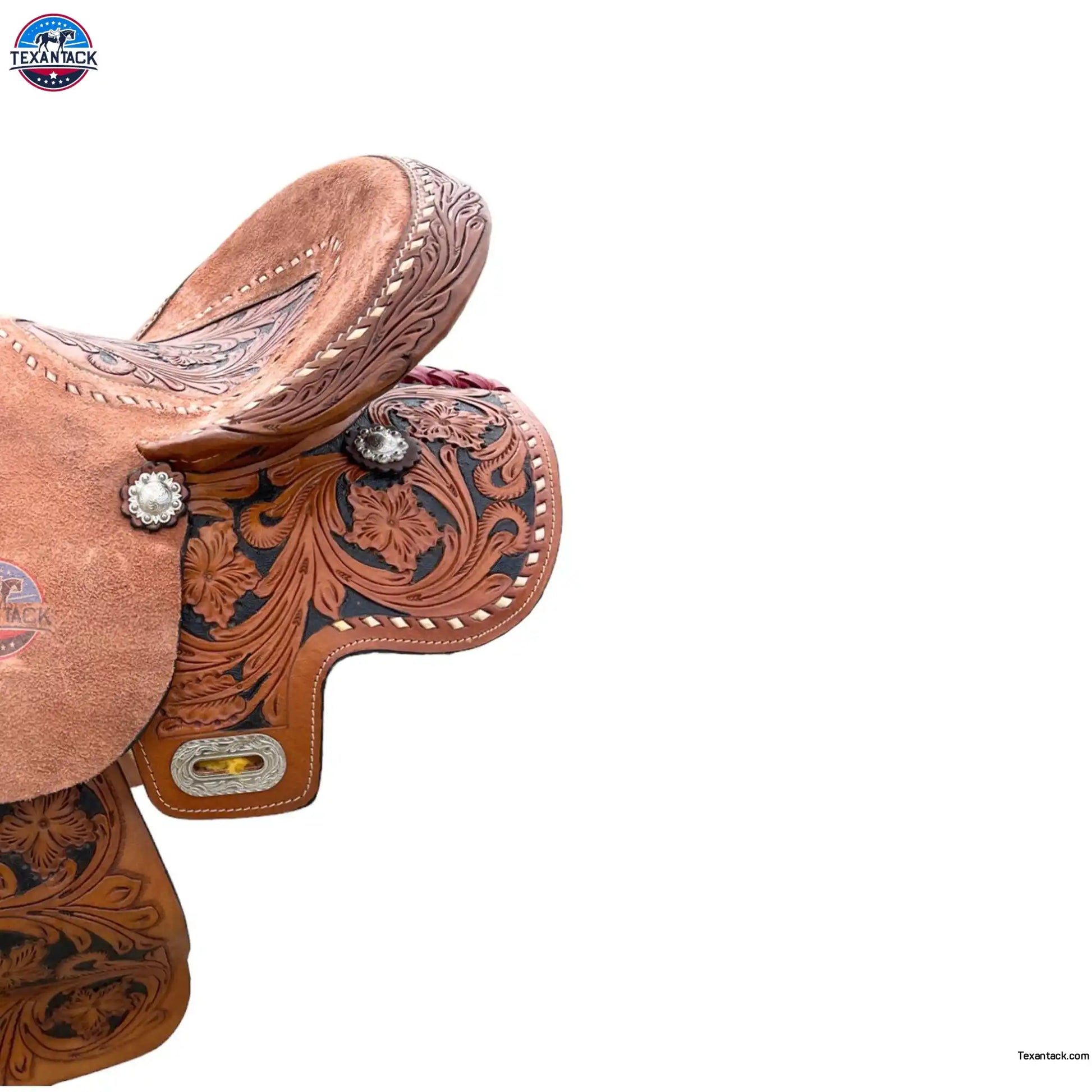 Floral Tooled Western Barrel Saddle with Roughout Leather TEXANTACK