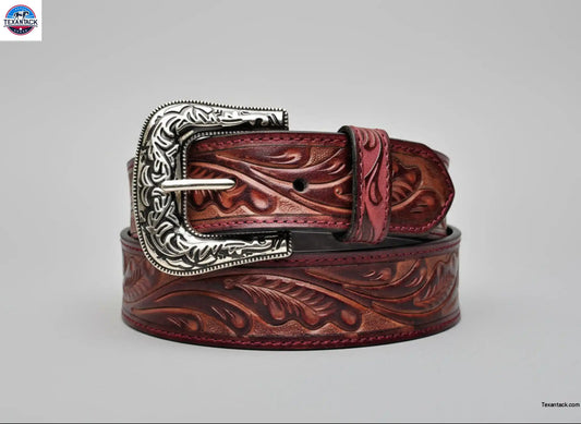 Hand-Tooled Full Grain Leather Western Belt: Embossed Unisex Design TEXANTACK