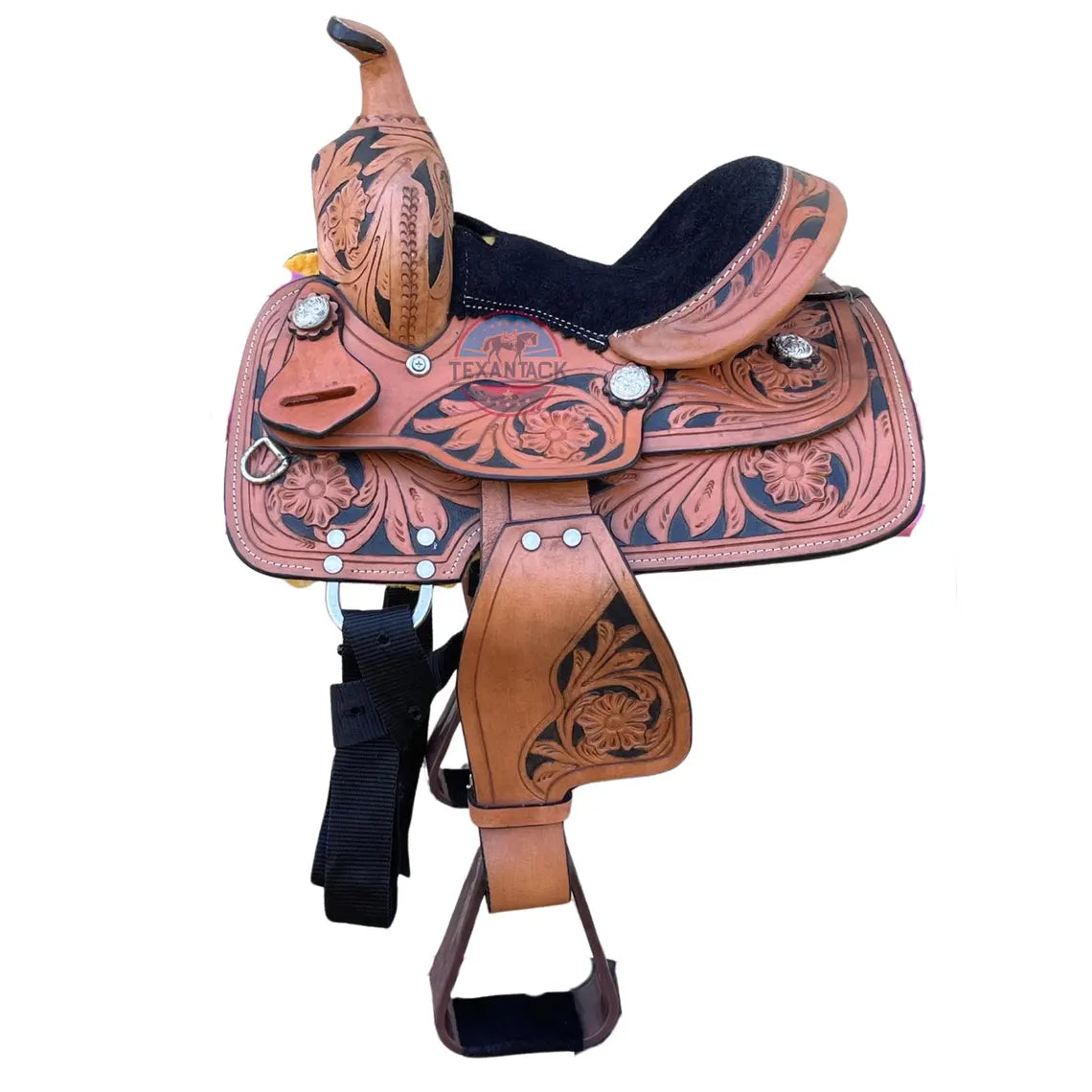 Mini/Pony Western Horse Barrel Saddle Floral Tooled- 8 Inch TEXANTACK