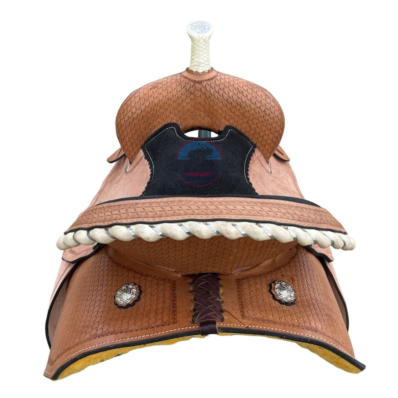Youth Western Barrel Saddle – Basket Weave Design with Free Matching Tack Set