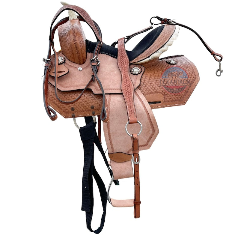 Youth Western Barrel Saddle – Basket Weave Design with Free Matching Tack Set