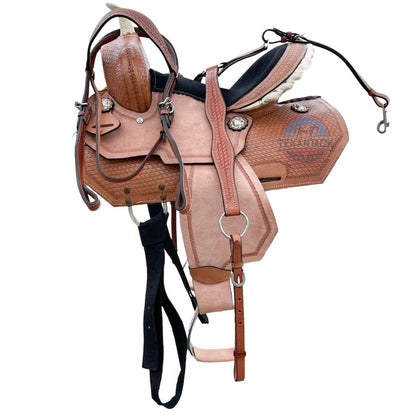 Youth Western Barrel Saddle – Basket Weave Design with Free Matching Tack Set