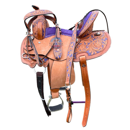 Handcrafted Western Saddle – 100% Genuine Leather with Floral Tooling &amp; Silver Conchos