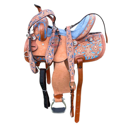 Handcrafted Western Saddle – 100% Genuine Leather with Floral Tooling &amp; Silver Conchos