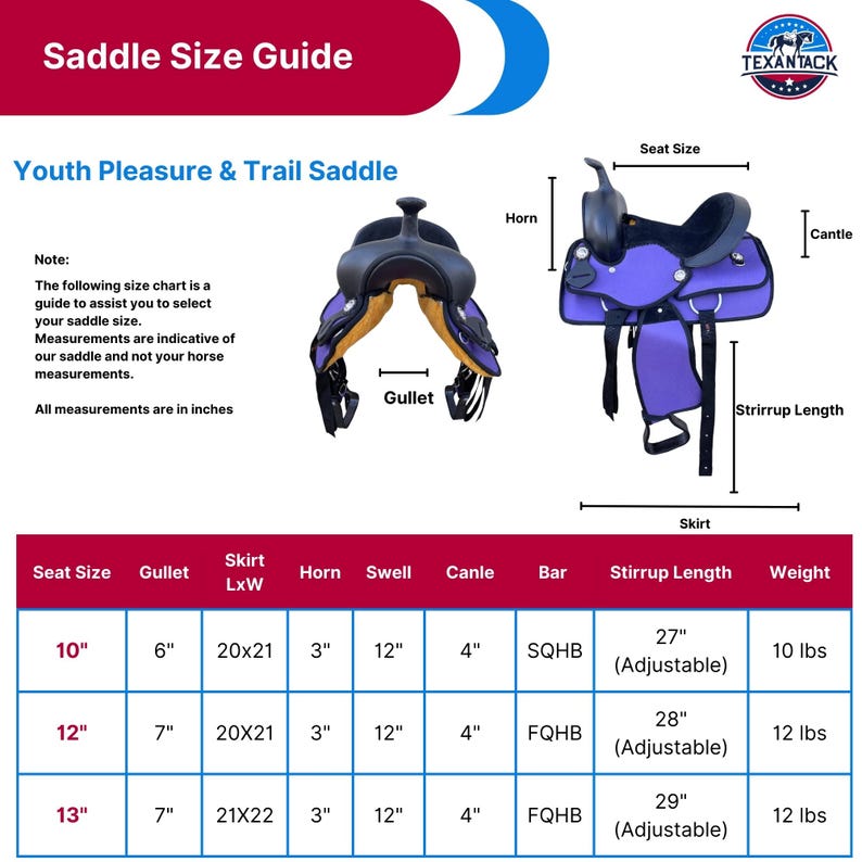 Kids/Youth Synthetic Saddle – Lightweight, Durable &amp; Comfortable for Young Riders (10", 12", 13")