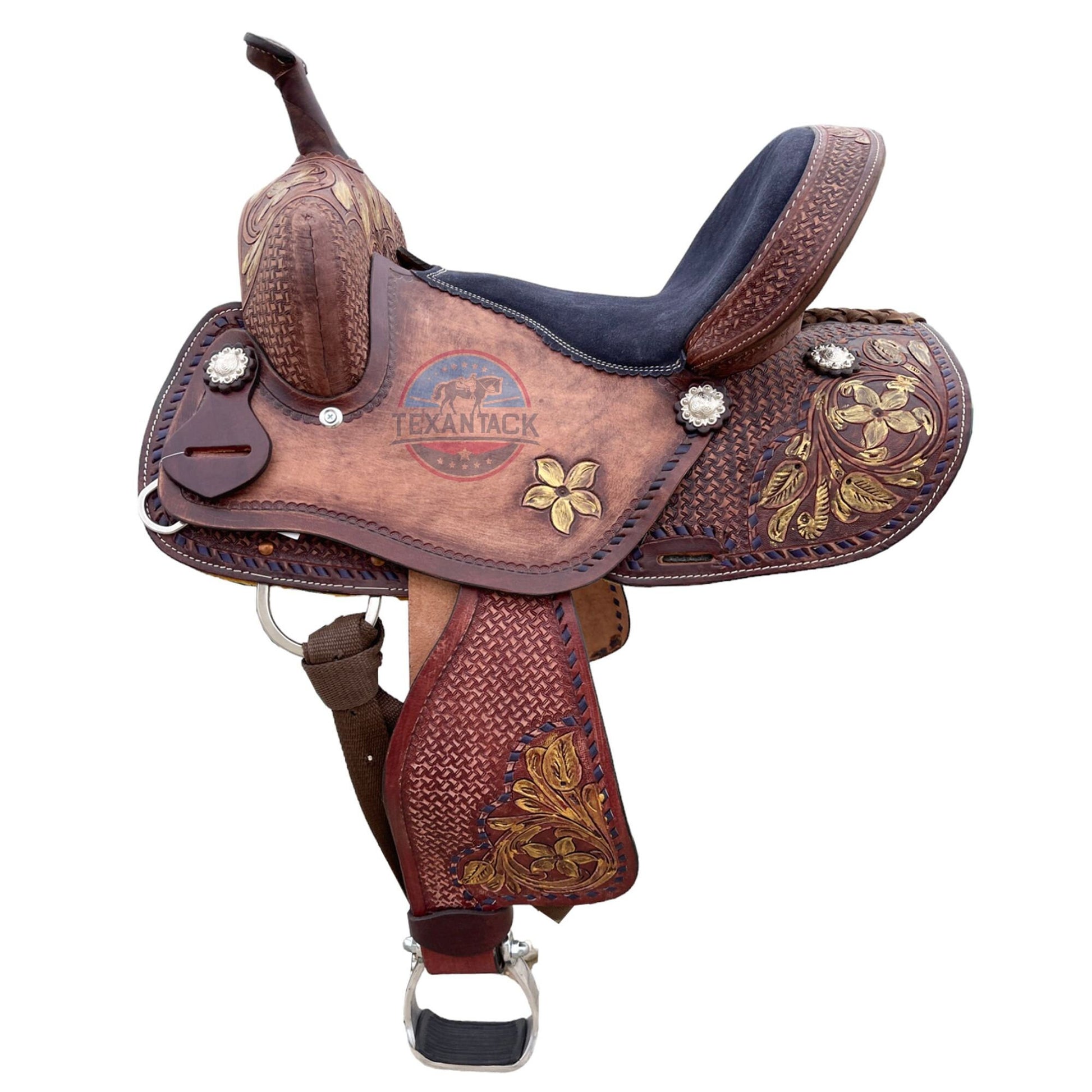 Youth Leather Barrel Racing Saddle: Floral Basket Weave Tooling (10/12/13 inch) TEXANTACK