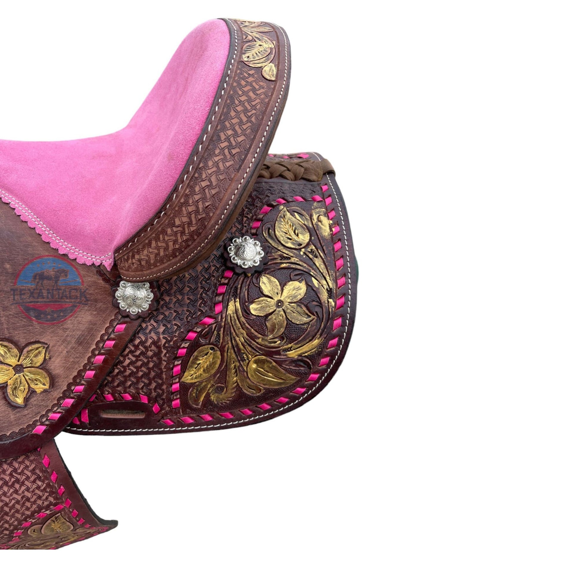 Youth Leather Barrel Racing Saddle: Floral Basket Weave Tooling (10/12/13 inch) TEXANTACK