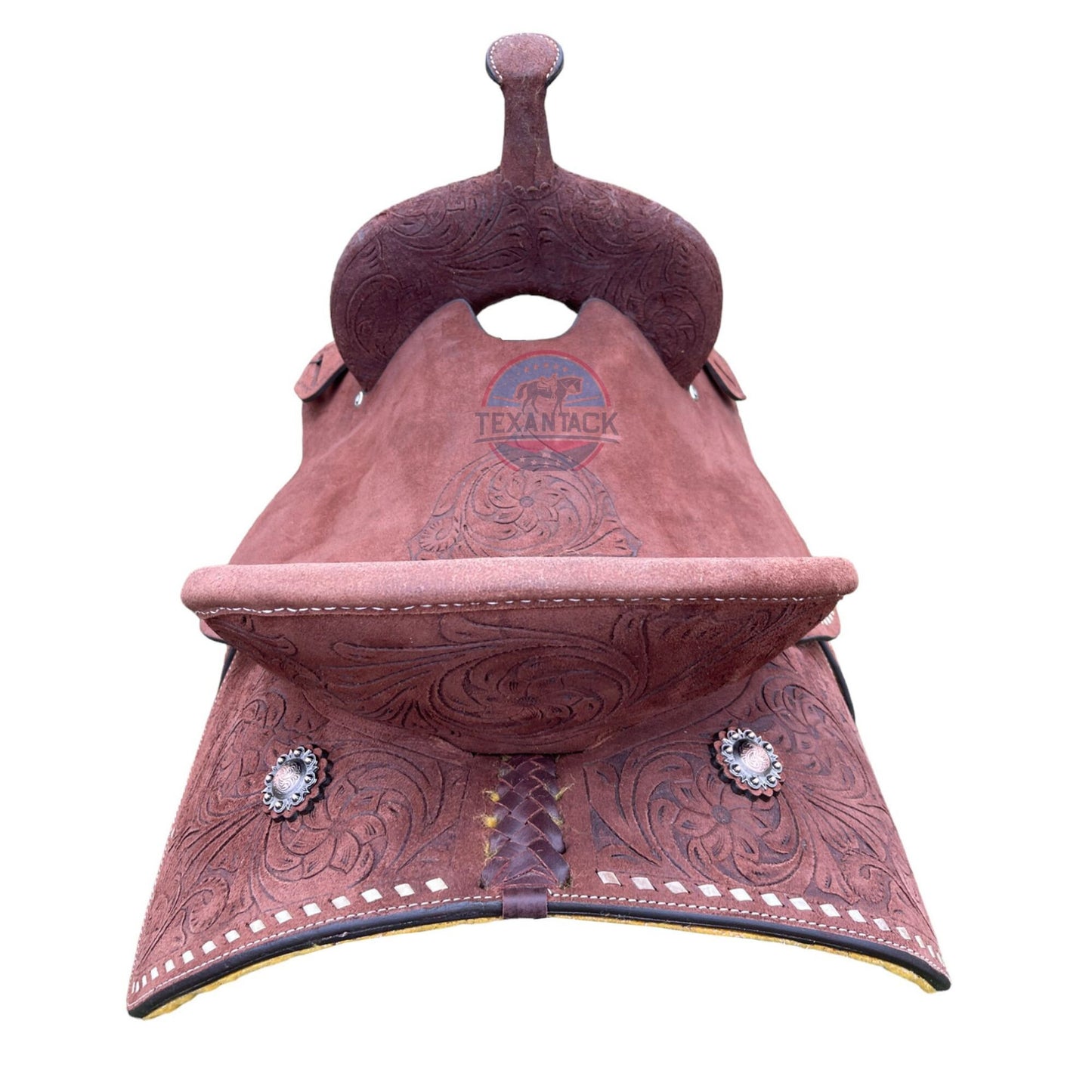 Floral Tooled Barrel Saddle: Roughout Leather, Silver Conchos, White Buck Stitch TEXANTACK