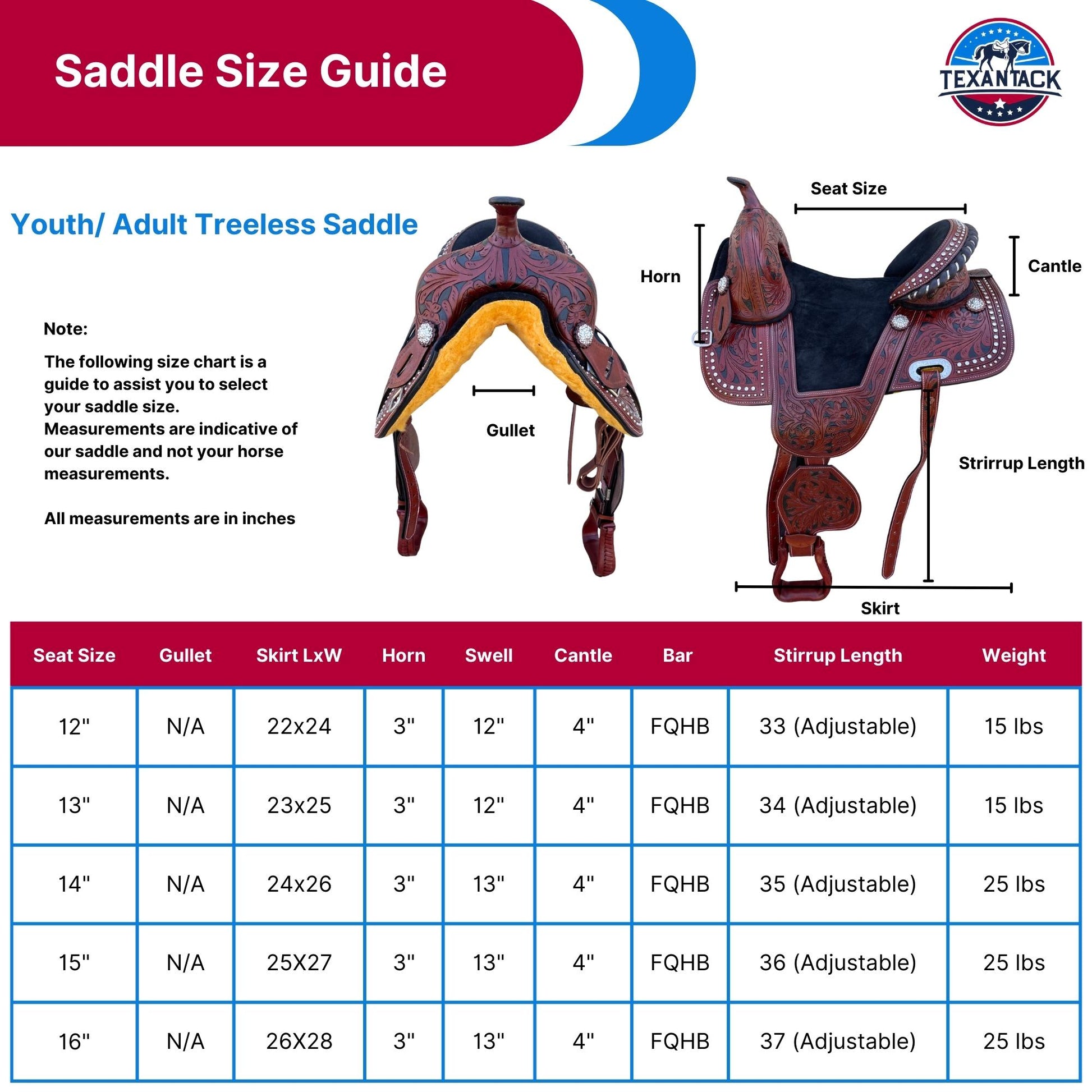 Western Leather Treeless Saddle: Youth/Adult Pleasure Trail TEXANTACK
