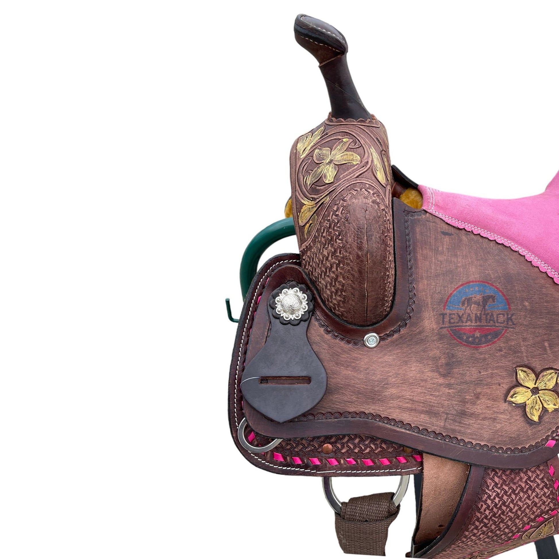 Youth Leather Barrel Racing Saddle: Floral Basket Weave Tooling (10/12/13 inch) TEXANTACK