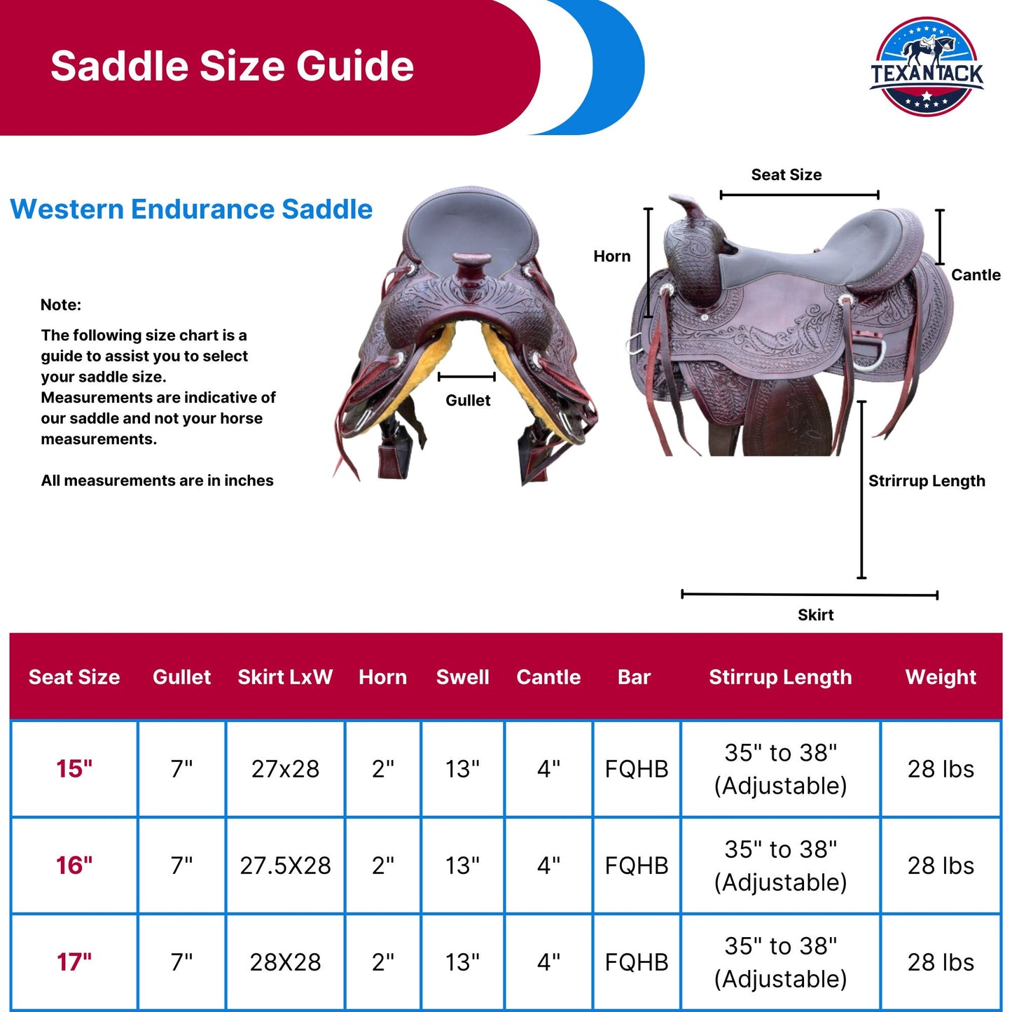 Premium Leather Western Endurance Saddle - Western Pleasure Trail Horse Saddle with Floral Tooling & Padded Seat in 15”, 16”, 17” Size TEXANTACK