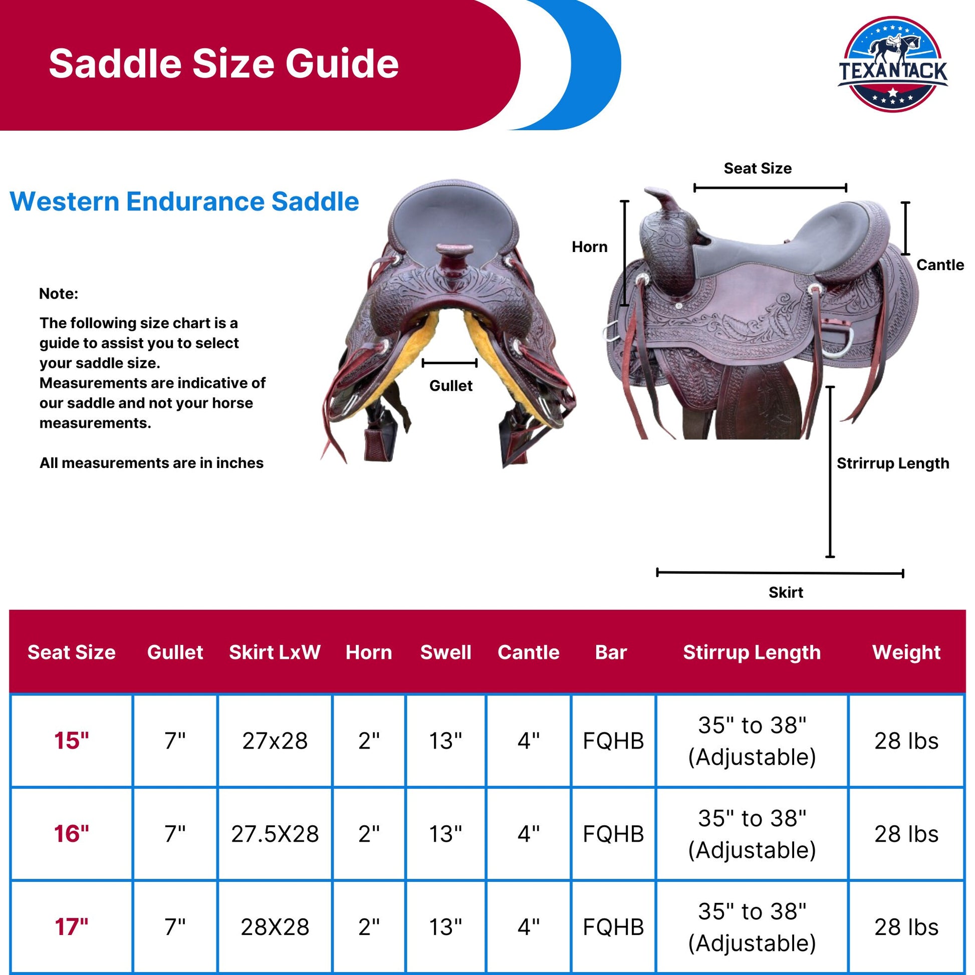 Premium Leather Western Endurance Saddle - Western Pleasure Trail Horse Saddle with Floral Tooling & Padded Seat in 15”, 16”, 17” Size TEXANTACK