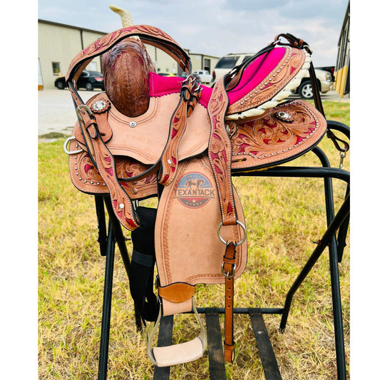 Youth Western Saddle: Handcrafted Leather with Suede Seat & Floral Tooling TEXANTACK