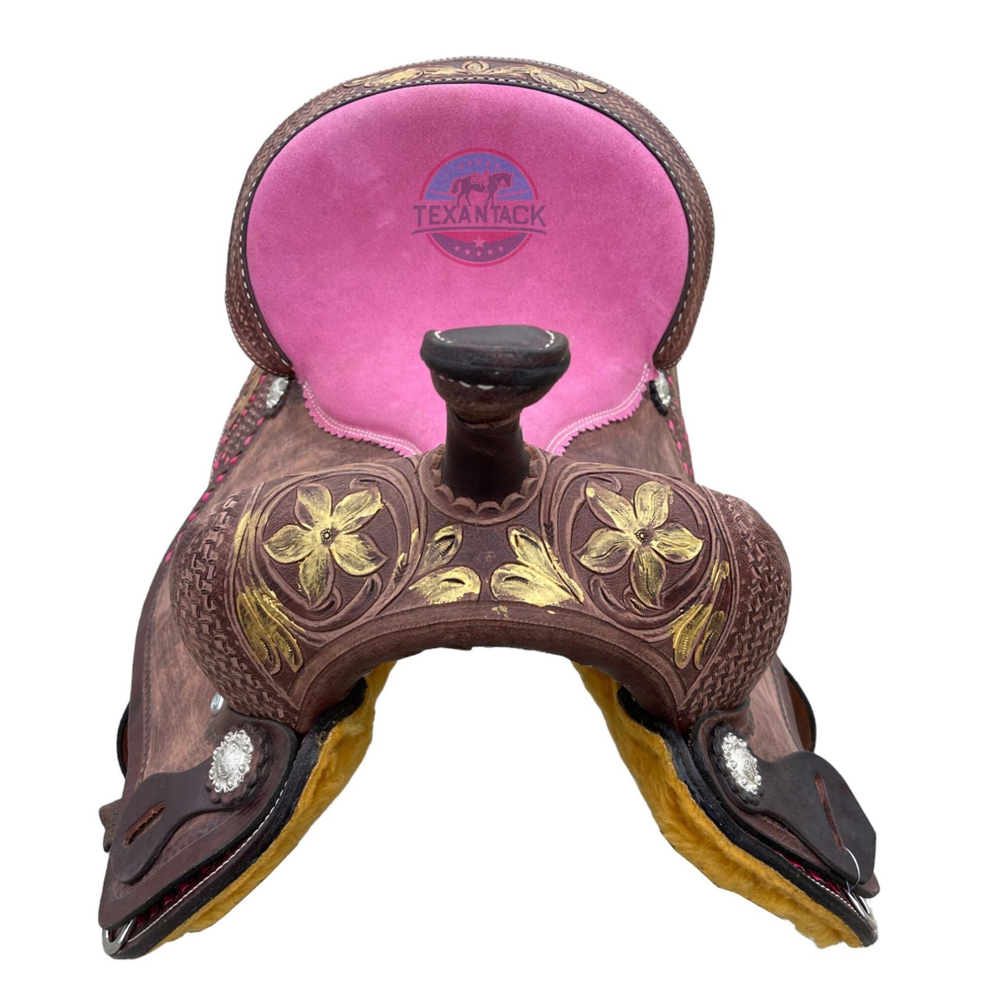 Youth Leather Barrel Racing Saddle: Floral Basket Weave Tooling (10/12/13 inch) TEXANTACK