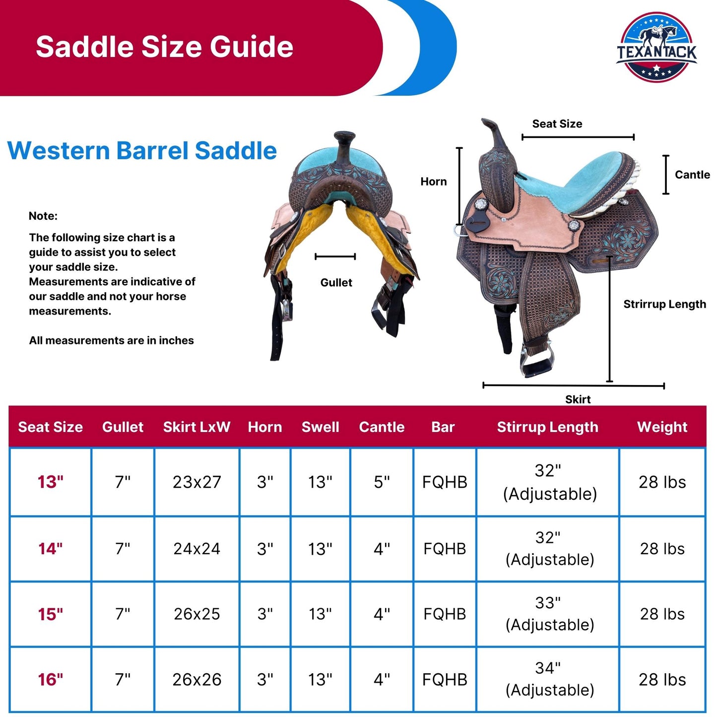 Premium Leather Western Barrel Saddle – Intricate Tooling, Suede Seat & Silver Conchos – Sizes 13" 14" 15" 16" – Free Shipping TEXANTACK