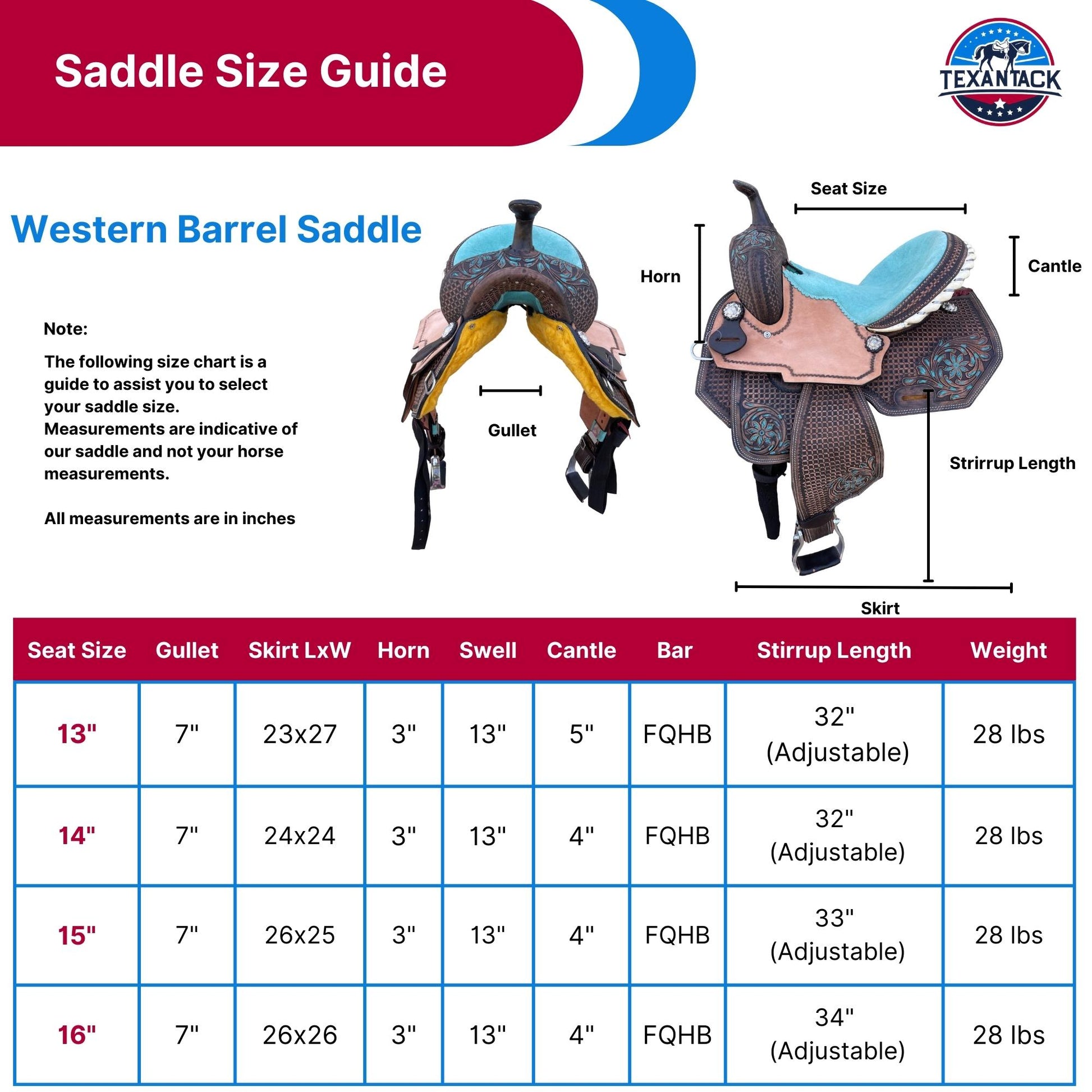 Premium Leather Western Barrel Saddle – Intricate Tooling, Suede Seat & Silver Conchos – Sizes 13" 14" 15" 16" – Free Shipping TEXANTACK