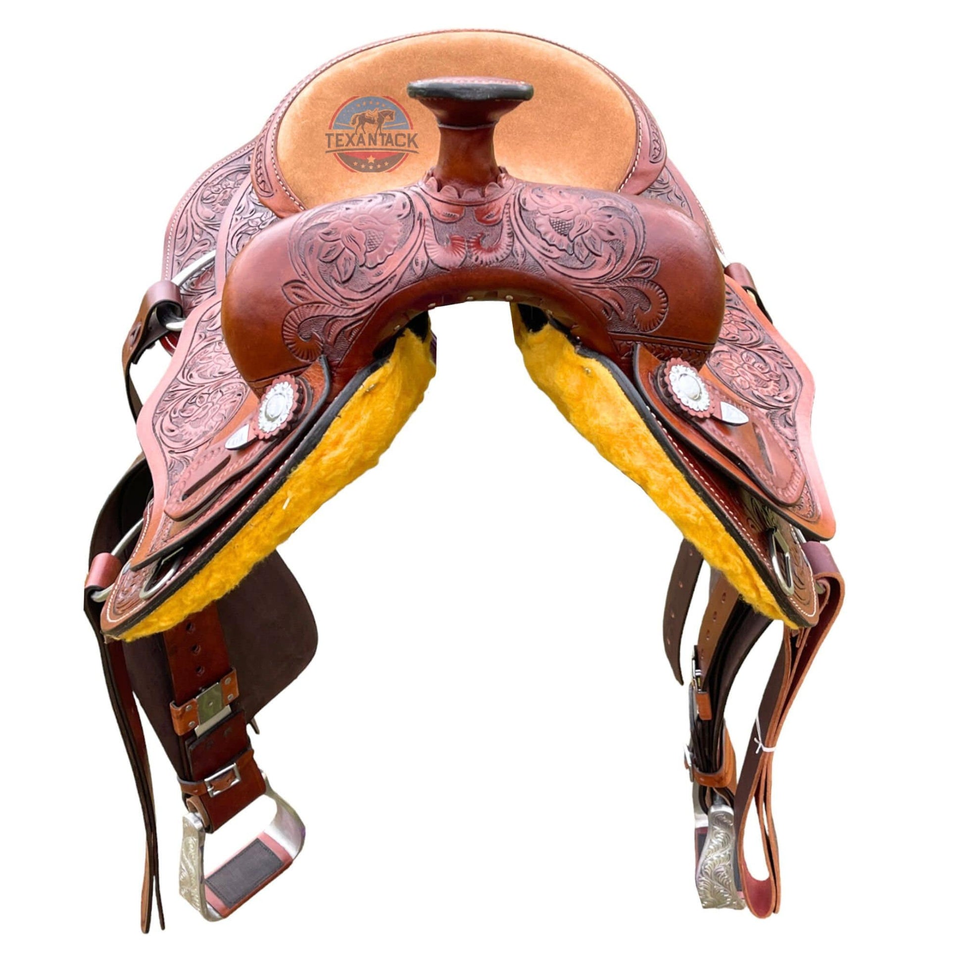 Argentinian Leather Western Saddle: Floral Tooled Pleasure & Trail with Silver Conchos TEXANTACK