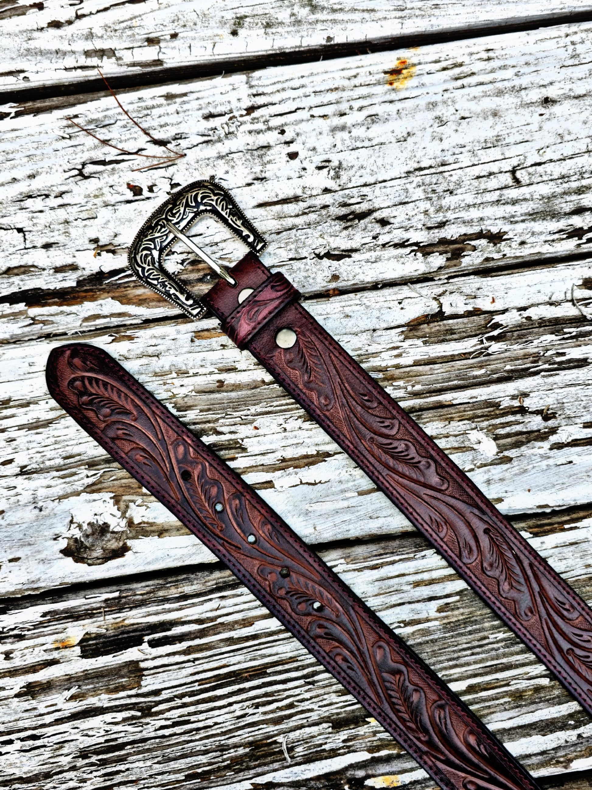 Hand-Tooled Full Grain Leather Western Belt: Embossed Unisex Design TEXANTACK