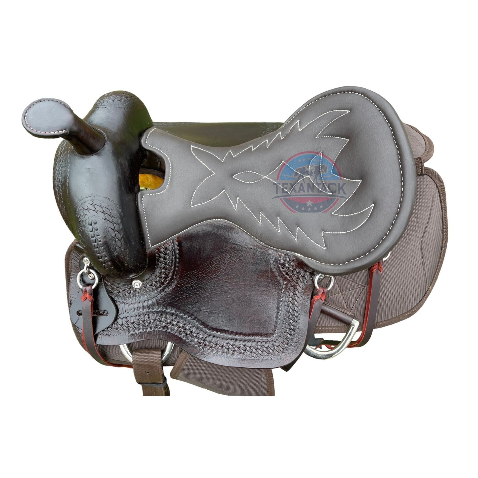 Lightweight Leather Cordura Trail Saddle: Basket Weave Tooling, Padded Seat TEXANTACK