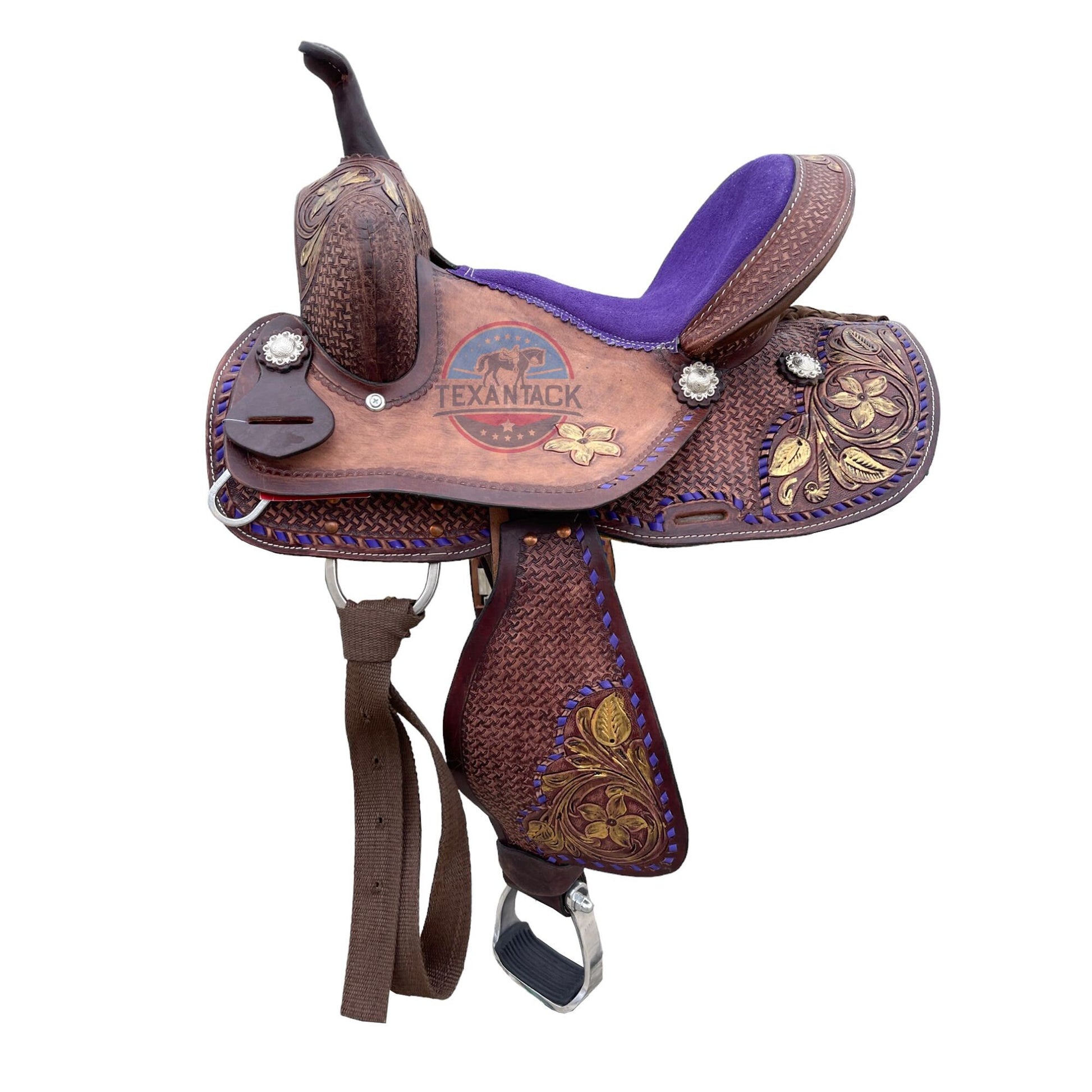 Youth Leather Barrel Racing Saddle: Floral Basket Weave Tooling (10/12/13 inch) TEXANTACK