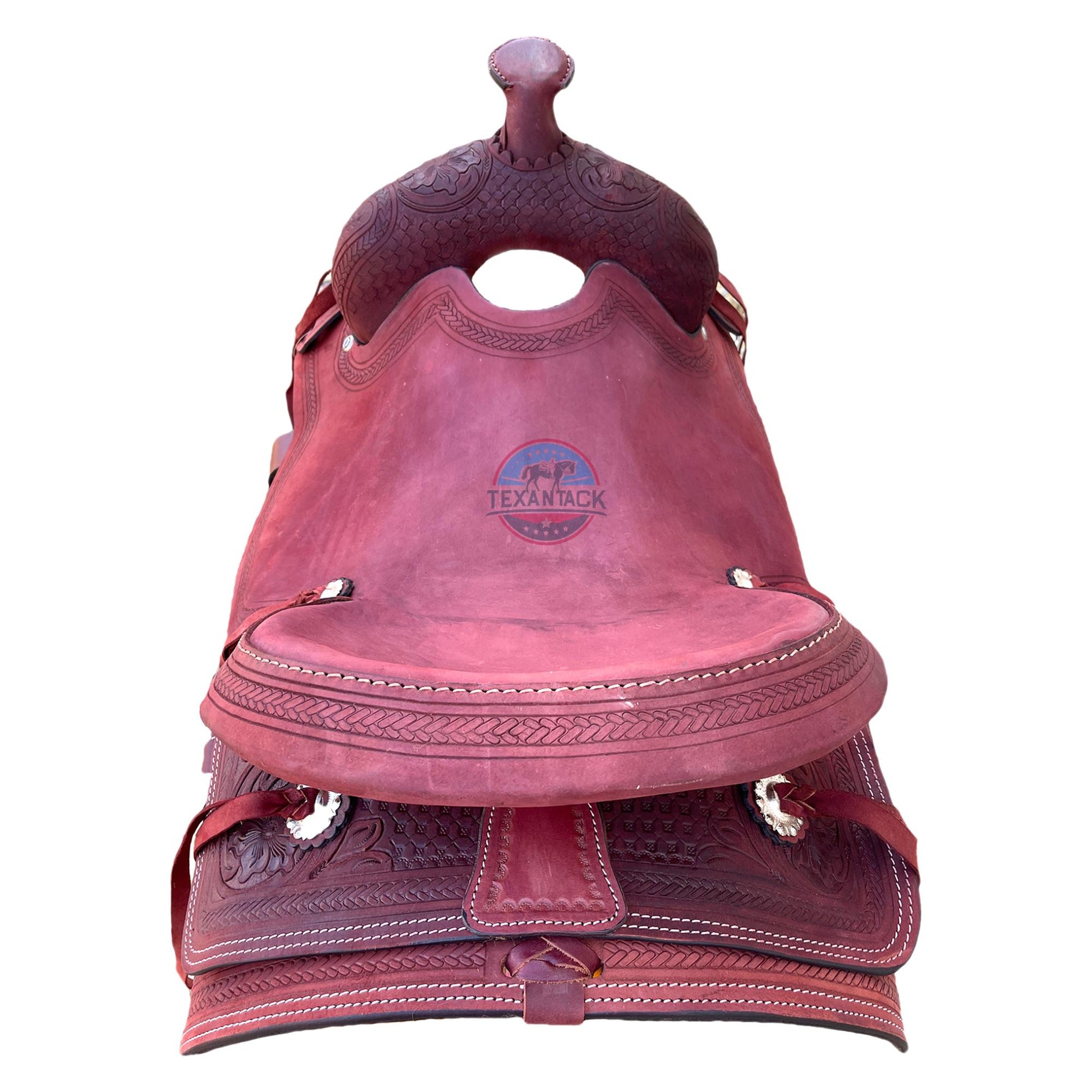 15.5" Tooled Leather Western Ranch Saddle: FQHB, 7" Gullet, Lightweight TEXANTACK