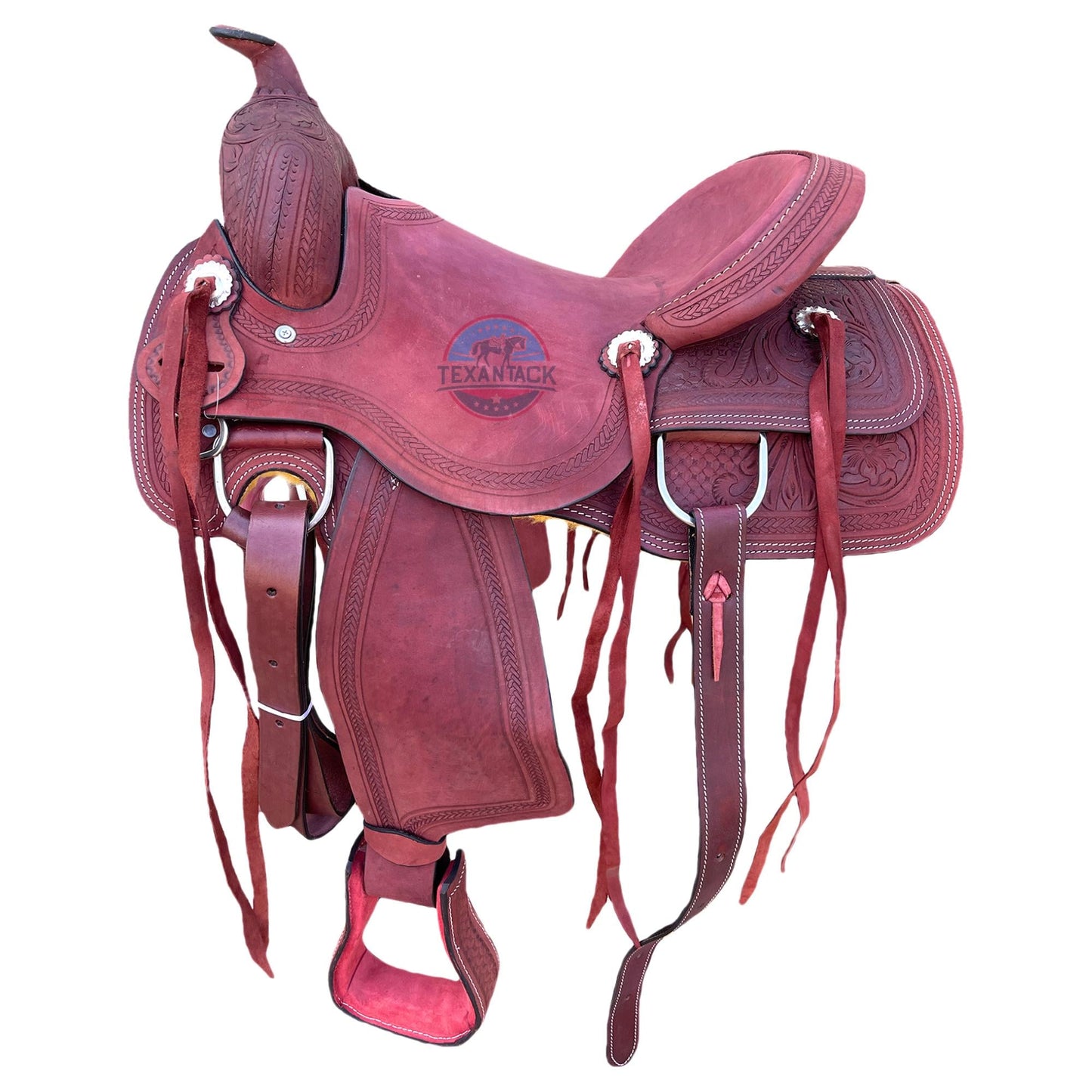 15.5" Tooled Leather Western Ranch Saddle: FQHB, 7" Gullet, Lightweight TEXANTACK