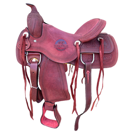 15.5" Tooled Leather Western Ranch Saddle: FQHB, 7" Gullet, Lightweight TEXANTACK