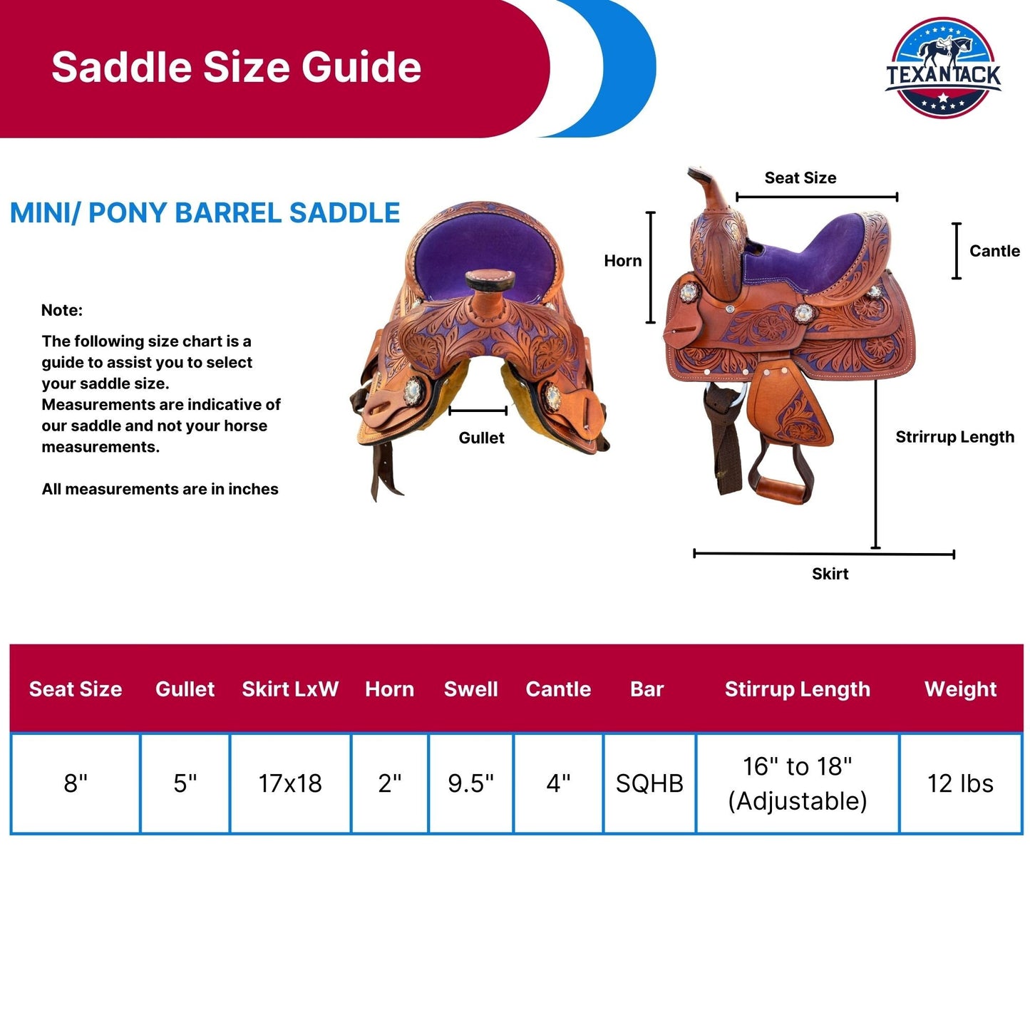 Mini/Pony Western Horse Barrel Saddle Floral Tooled- 8 Inch TEXANTACK