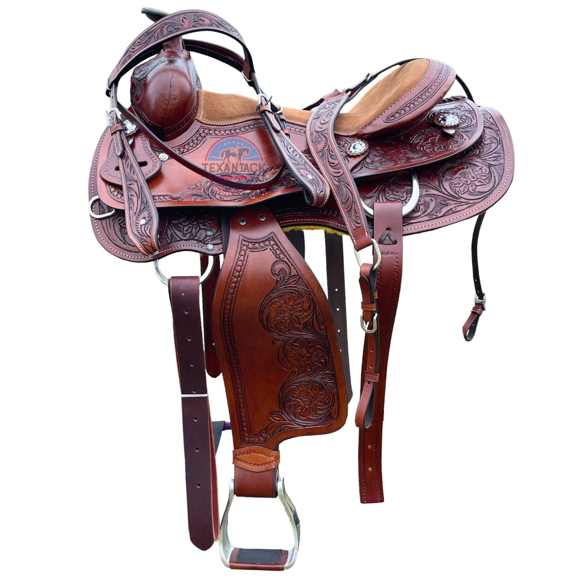 Argentinian Leather Western Saddle: Floral Tooled Pleasure & Trail with Silver Conchos TEXANTACK
