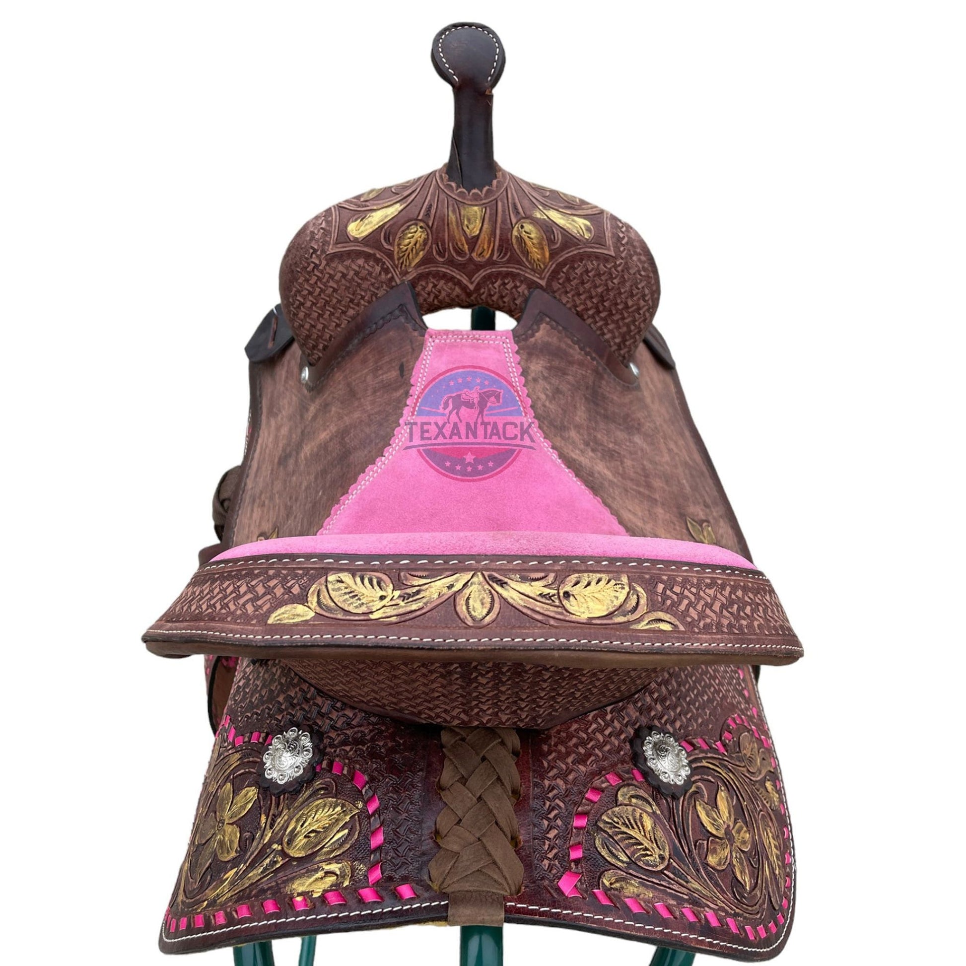 Youth Leather Barrel Racing Saddle: Floral Basket Weave Tooling (10/12/13 inch) TEXANTACK