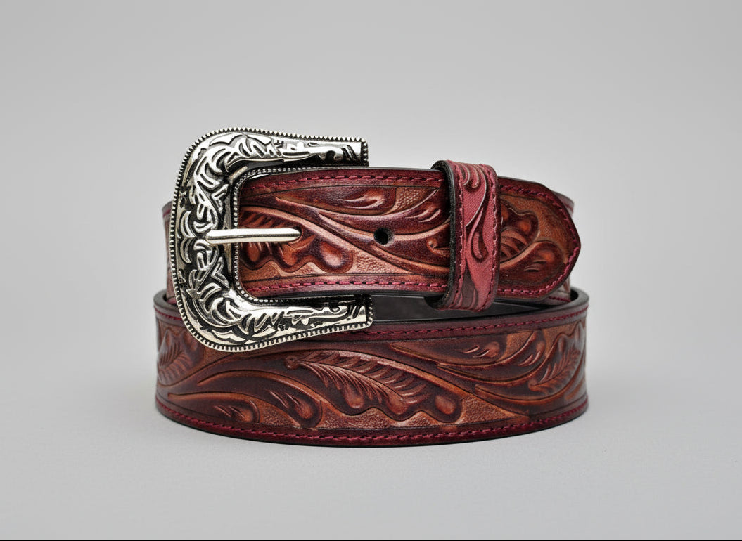 Hand-Tooled Full Grain Leather Western Belt: Embossed Unisex Design TEXANTACK
